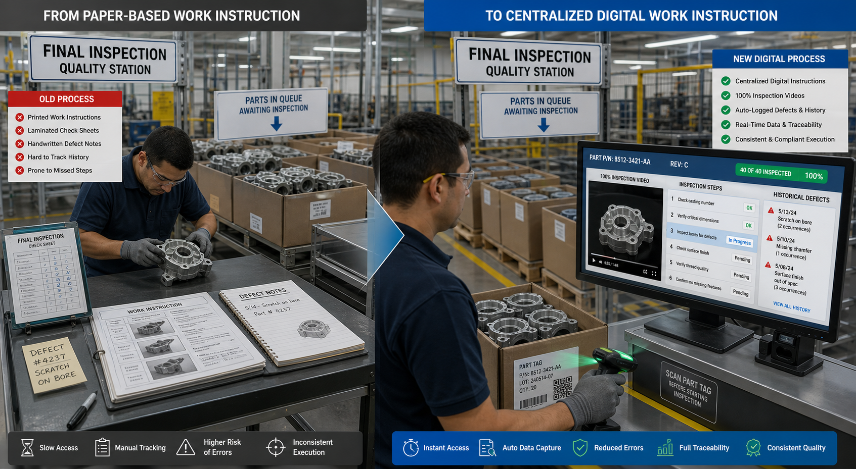 Illustration of final inspection work instruction moving from paper sheets to centralized digital work instruction on the shopfloor
